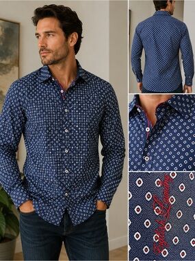 English Laundry Men's Large Blue Geometric Button Down Shirt 100% Cotton